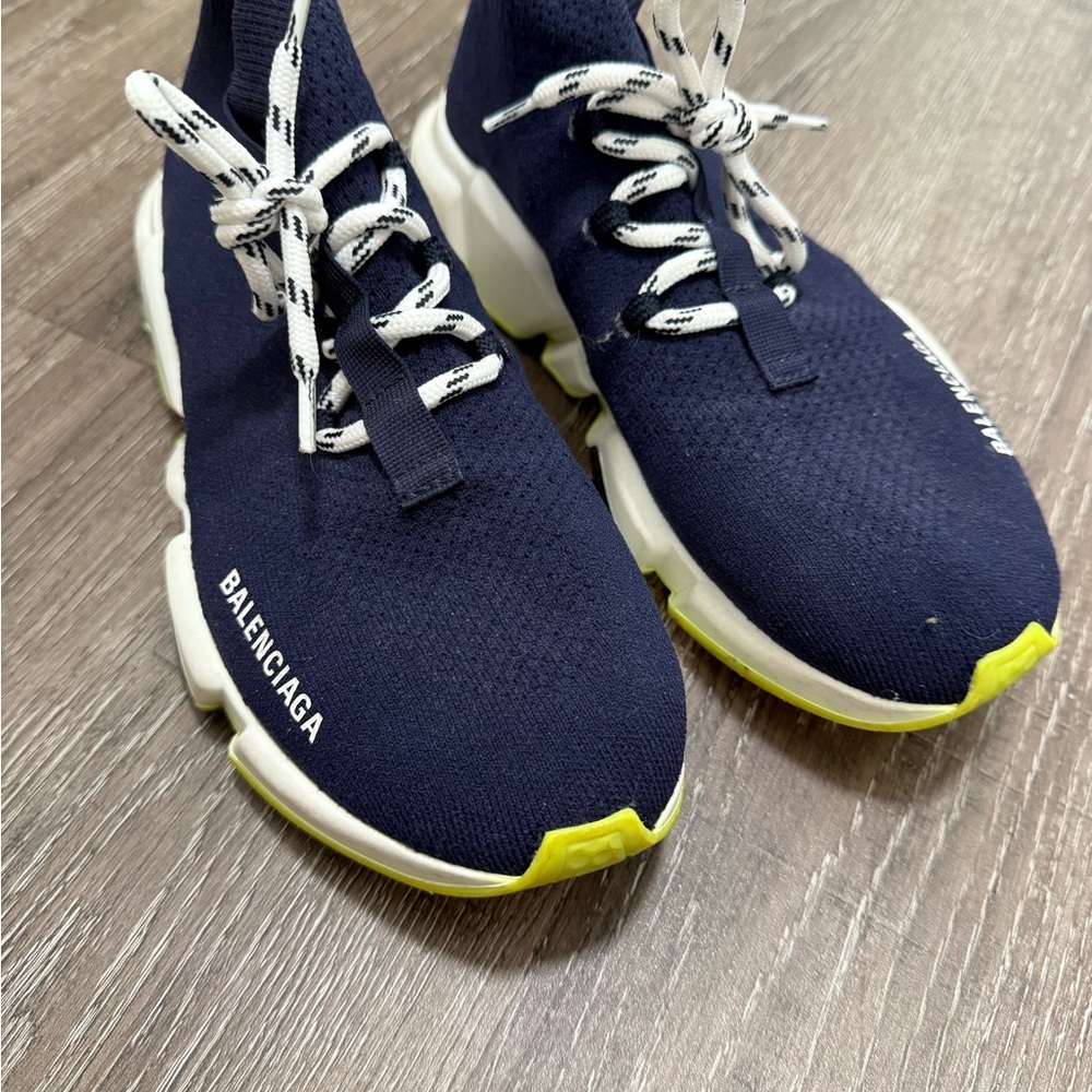 Balenciaga Dark Blue Sneakers with Bright Yellow Highlights